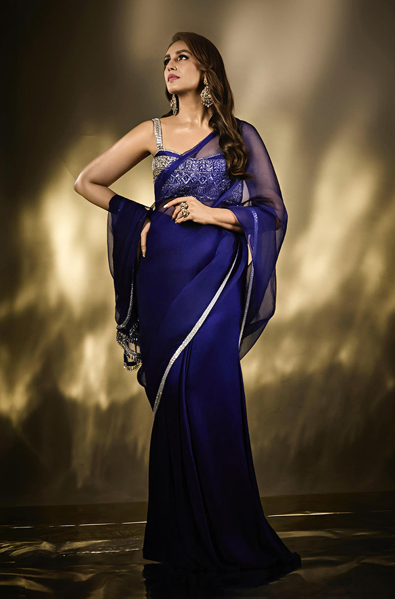 Huma Qureshi in our Electric Blue Pre-Drape Saree