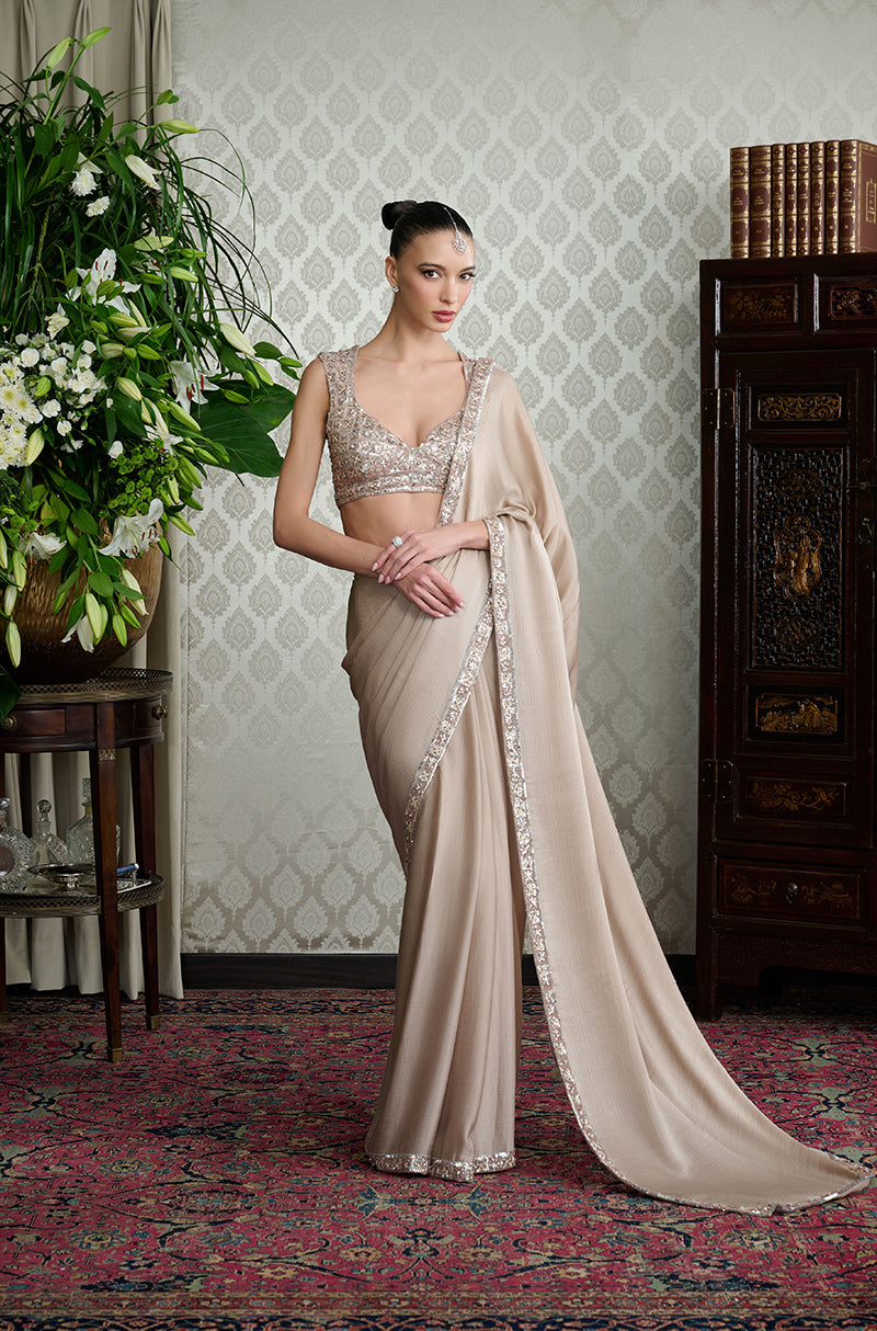 Beige Satin Chiffon Saree Set