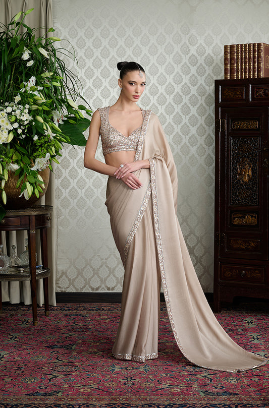 Beige Satin Chiffon Saree Set