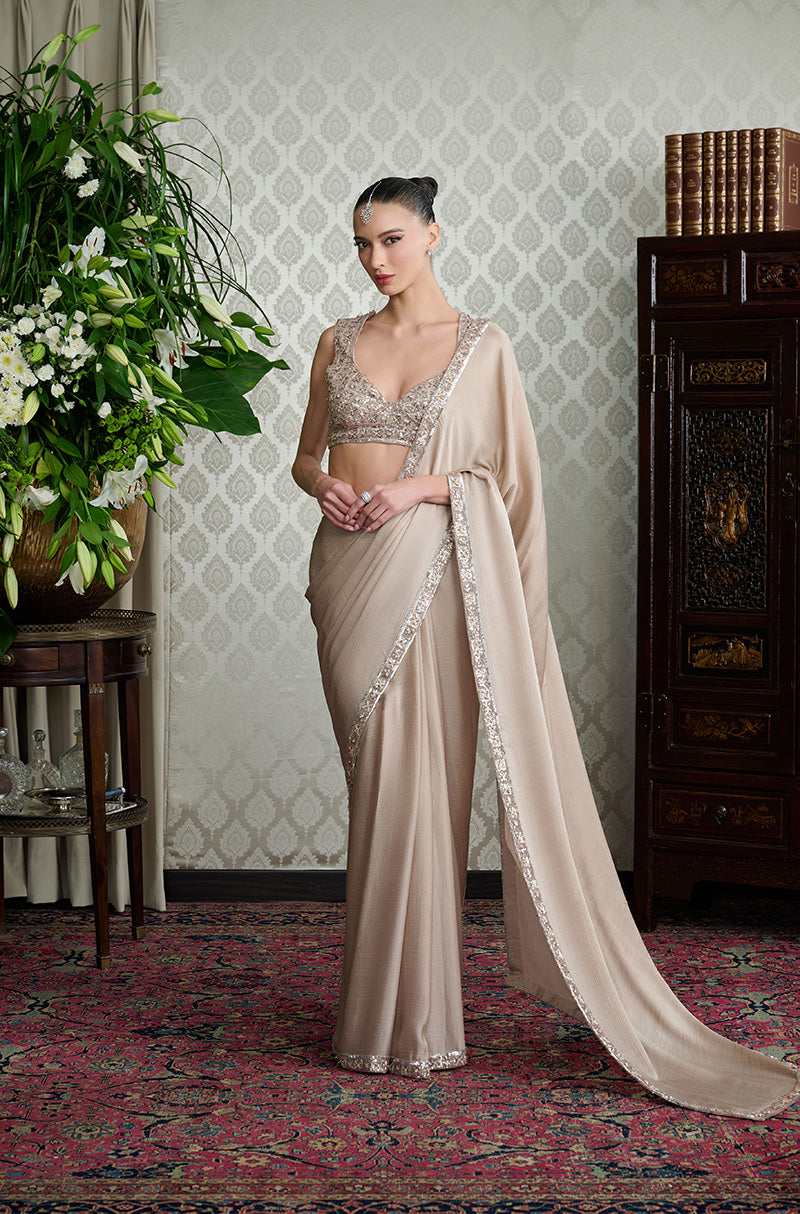 Beige Satin Chiffon Saree Set