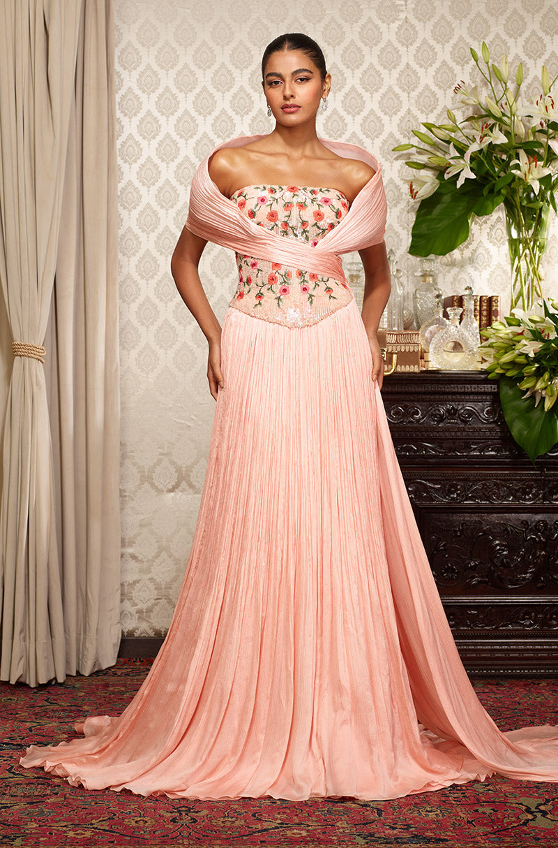 Peach Chiffon Textured Skirt Set