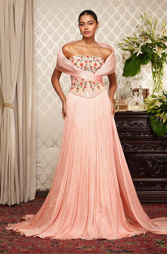 Peach Chiffon Textured Skirt Set