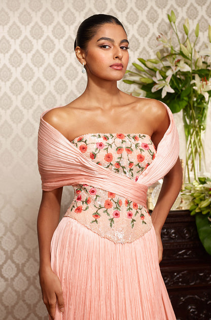 Peach Chiffon Textured Skirt Set