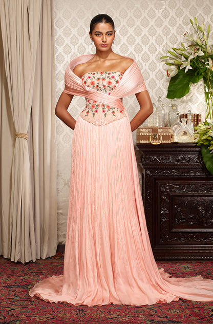 Peach Chiffon Textured Skirt Set