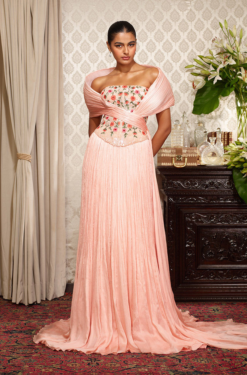 Peach Chiffon Textured Skirt Set