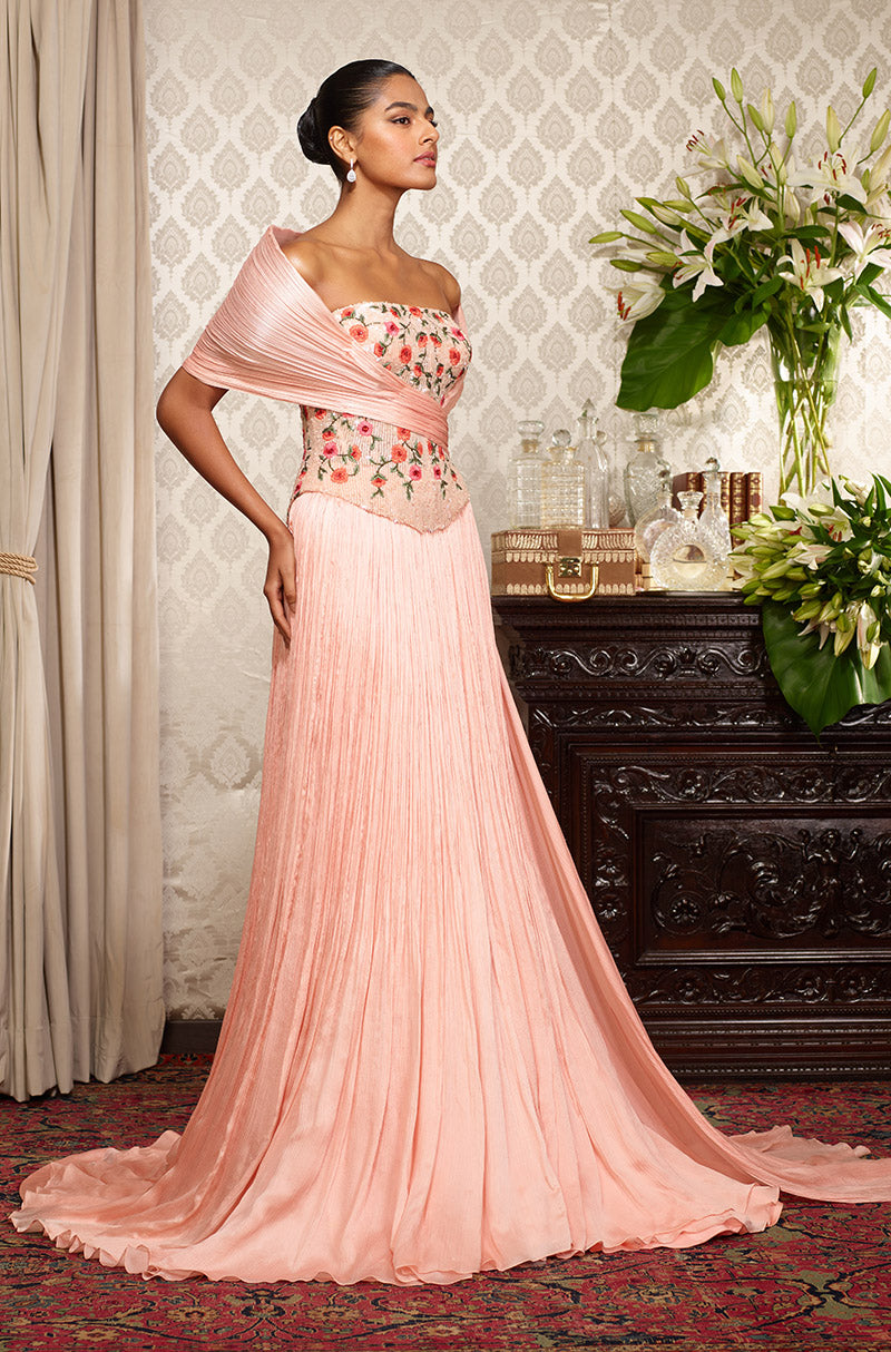 Peach Chiffon Textured Skirt Set