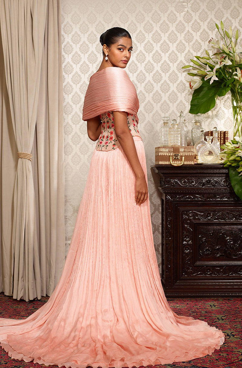 Peach Chiffon Textured Skirt Set