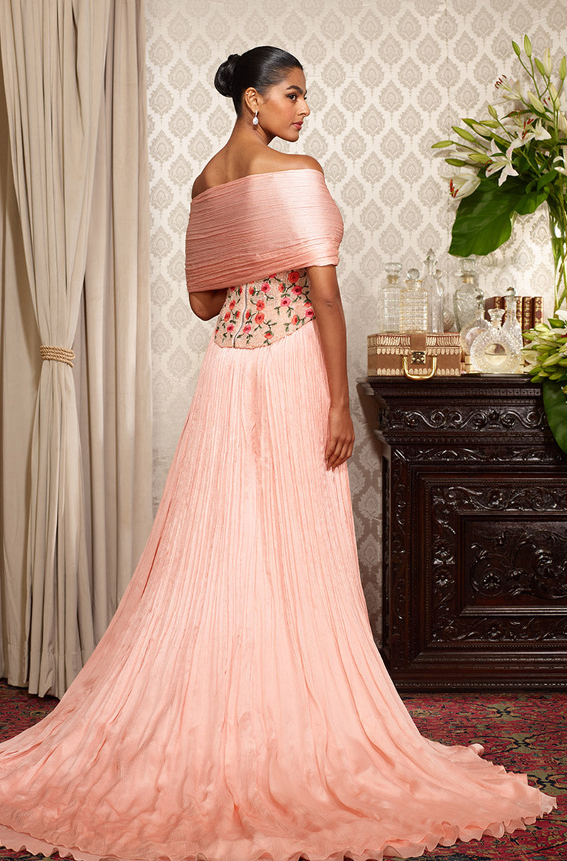 Peach Chiffon Textured Skirt Set