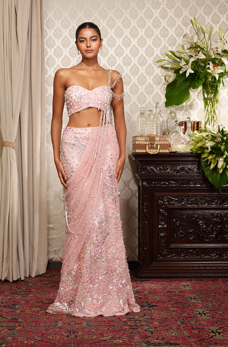 Baby Pink Taban Leaf Embroidered Draped Skirt Set