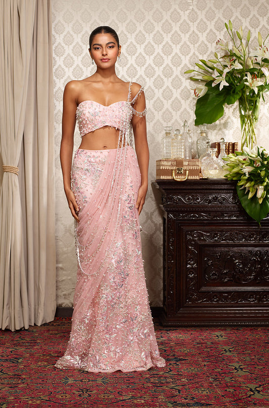 Baby Pink Taban Leaf Embroidered Draped Skirt Set