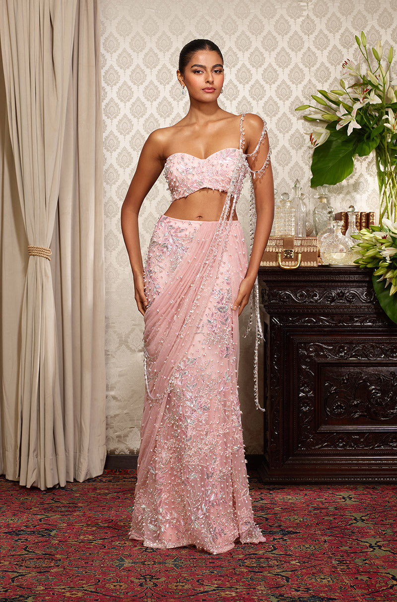 Baby Pink Taban Leaf Embroidered Draped Skirt Set