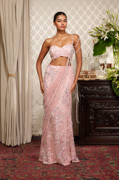 Baby Pink Taban Leaf Embroidered Draped Skirt Set