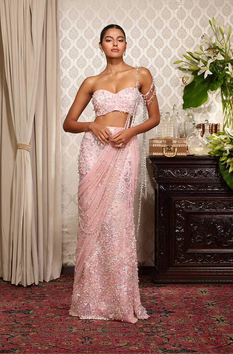 Baby Pink Taban Leaf Embroidered Draped Skirt Set
