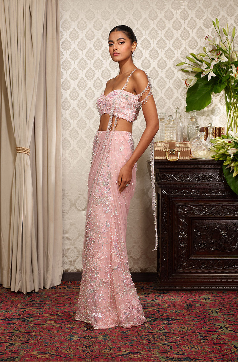 Baby Pink Taban Leaf Embroidered Draped Skirt Set