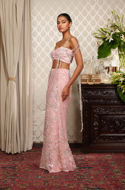 Baby Pink Taban Leaf Embroidered Draped Skirt Set