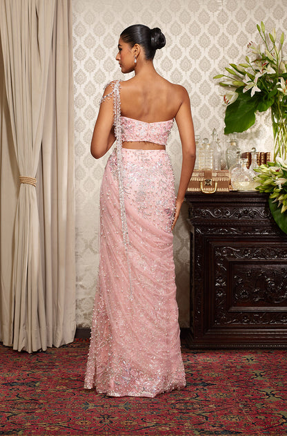 Baby Pink Taban Leaf Embroidered Draped Skirt Set