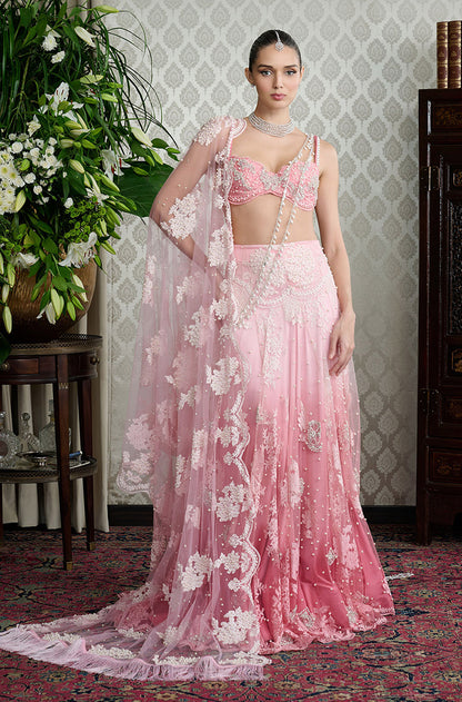 Pink Ombré Lace Pearl Embellished Skirt Set