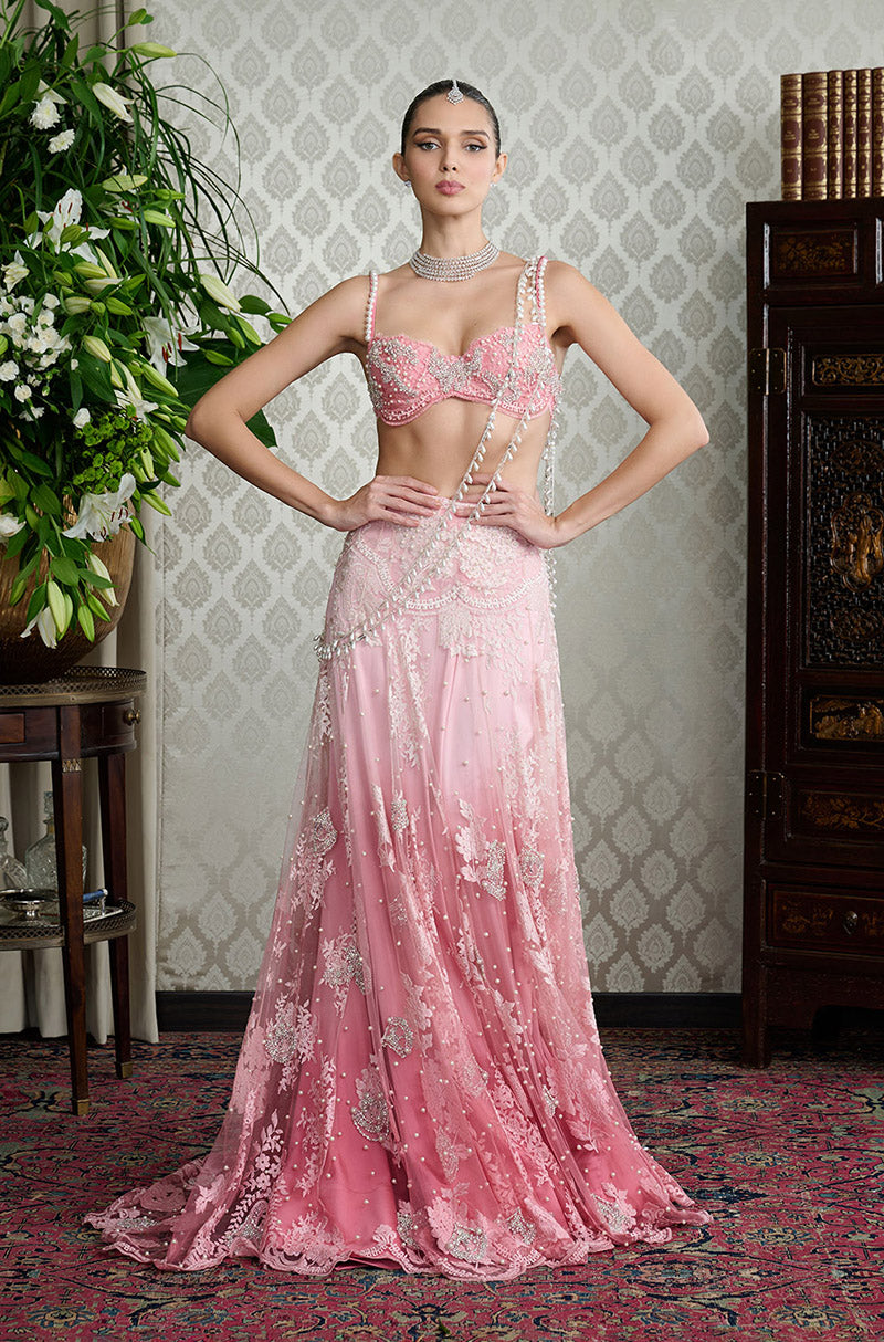 Pink Ombré Lace Pearl Embellished Skirt Set