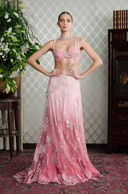 Pink Ombré Lace Pearl Embellished Skirt Set