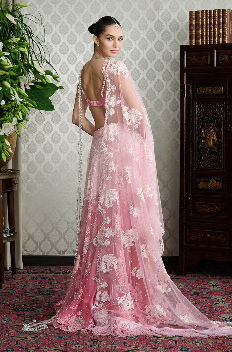 Pink Ombré Lace Pearl Embellished Skirt Set