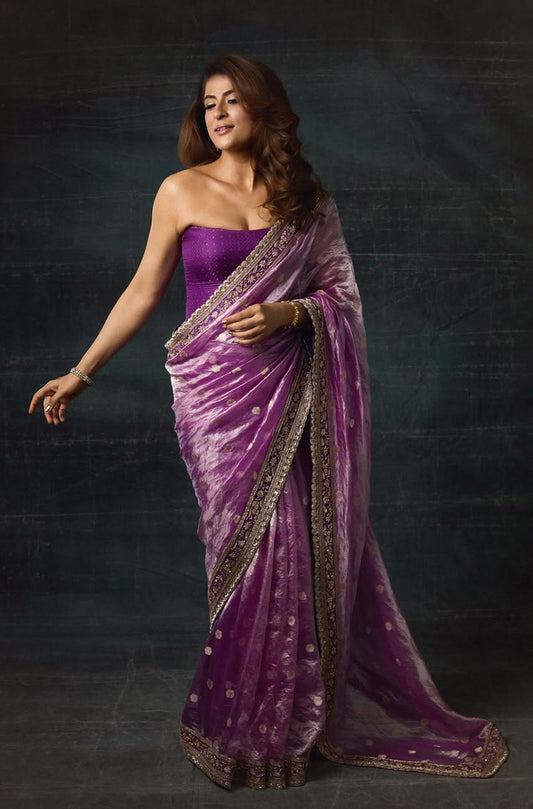 Tahira Kashyap in our Purple Tissue Booti Saree Set