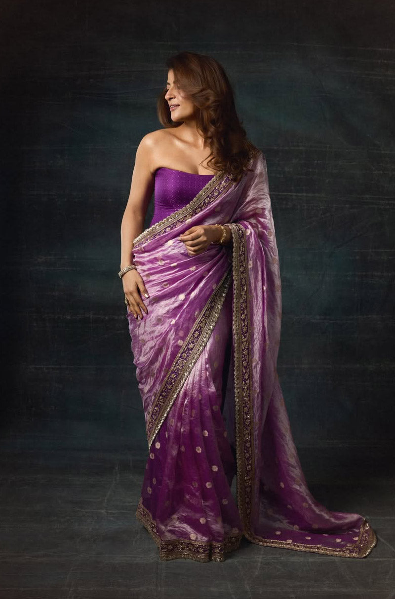 Tahira Kashyap in our Purple Tissue Booti Saree Set
