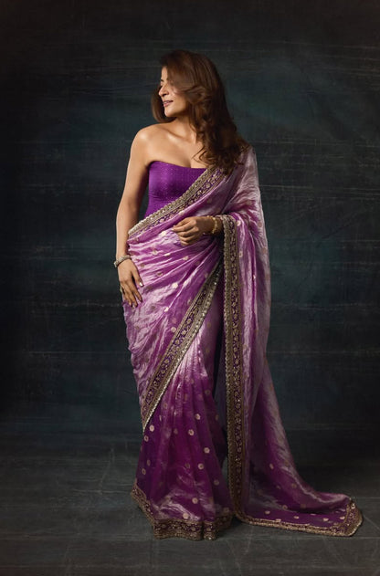 Tahira Kashyap in our Purple Tissue Booti Saree Set