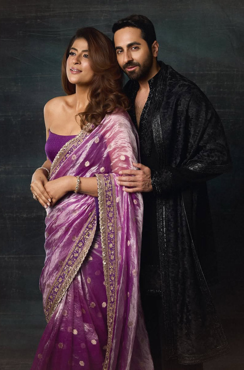 Tahira Kashyap in our Purple Tissue Booti Saree Set