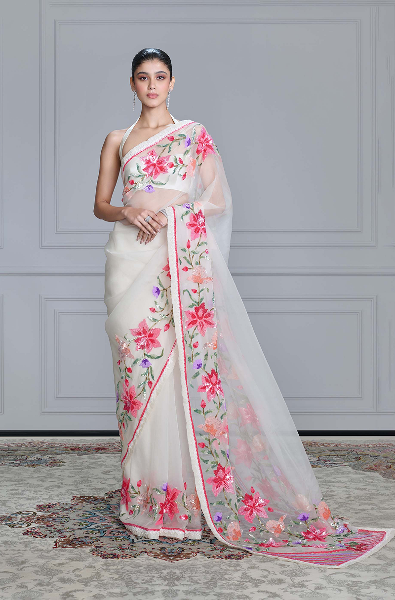 Ivory Multicolour Sequins Floral Saree Set