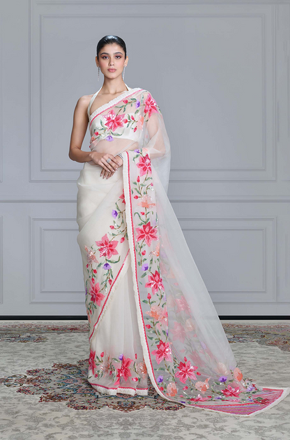 Ivory Multicolour Sequins Floral Saree Set