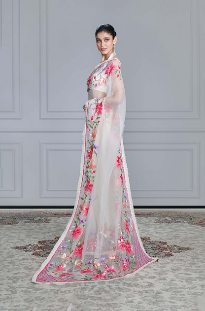 Ivory Multicolour Sequins Floral Saree Set