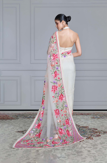 Ivory Multicolour Sequins Floral Saree Set