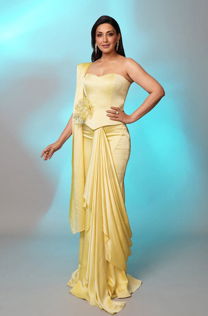 Sonali Bendre in our Butter Yellow Stitched Saree Set