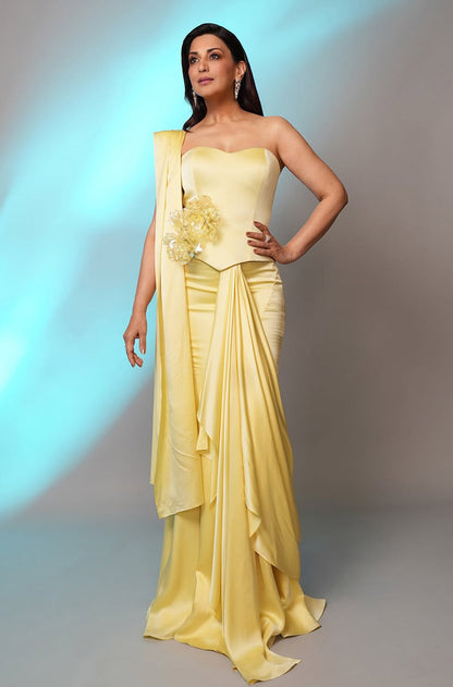 Sonali Bendre in our Butter Yellow Stitched Saree Set