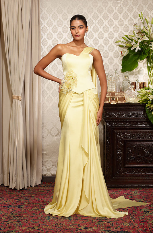Butter Yellow Stitched Saree Set