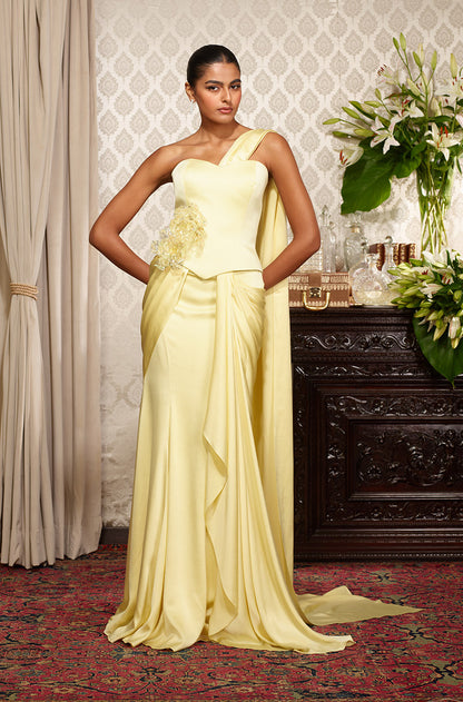 Butter Yellow Stitched Saree Set