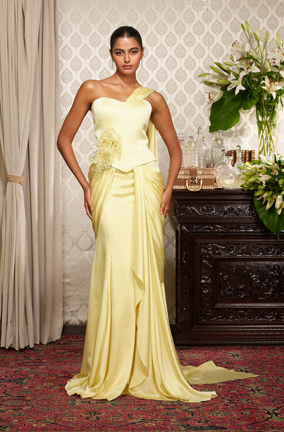 Butter Yellow Stitched Saree Set