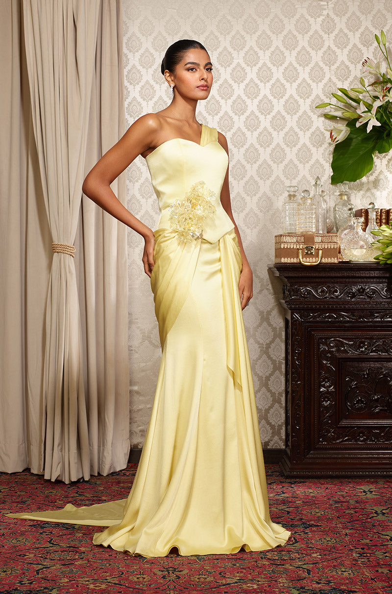 Butter Yellow Stitched Saree Set