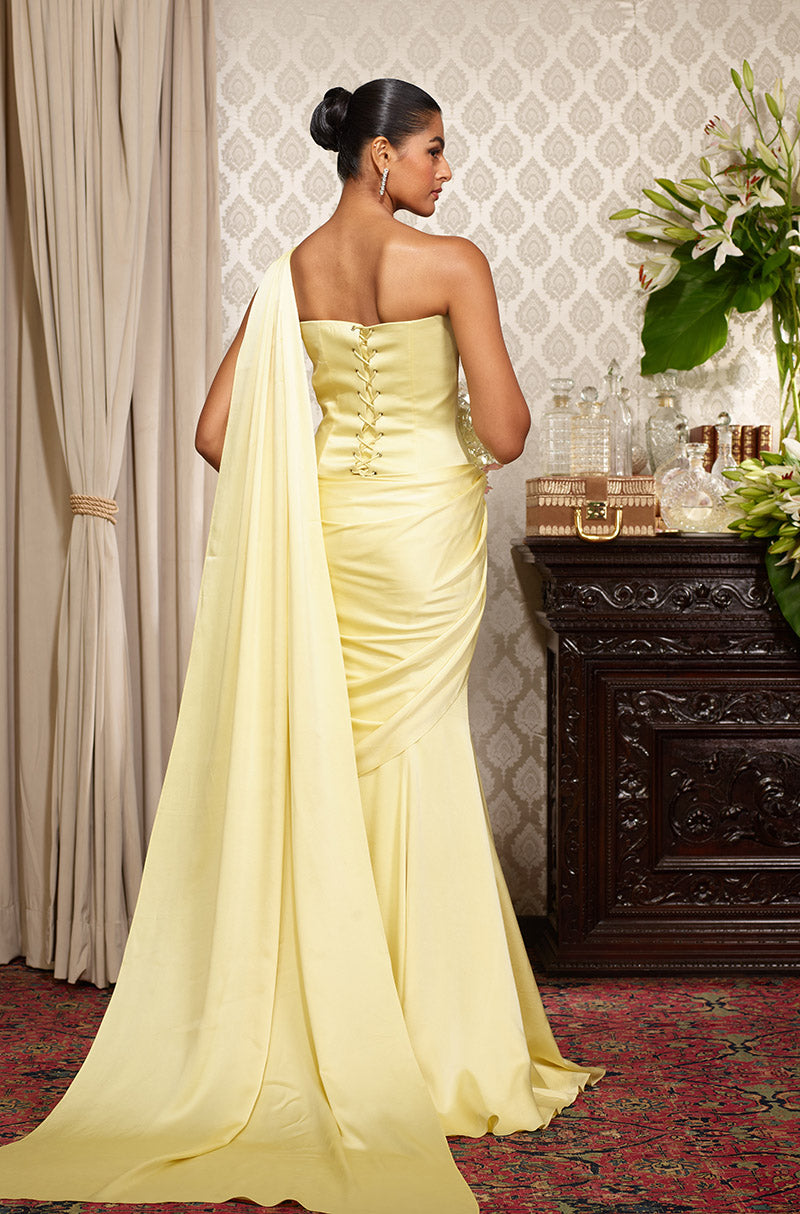 Butter Yellow Stitched Saree Set