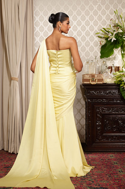 Butter Yellow Stitched Saree Set