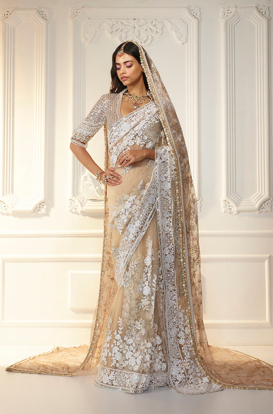 Fawn Tulle Mijwan Floral Boota Saree Set