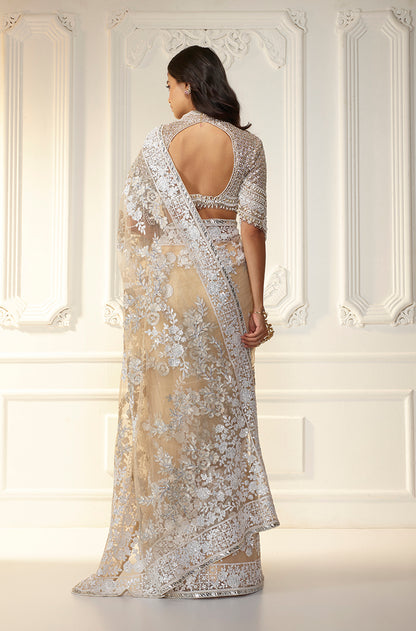 Fawn Tulle Mijwan Floral Boota Saree Set