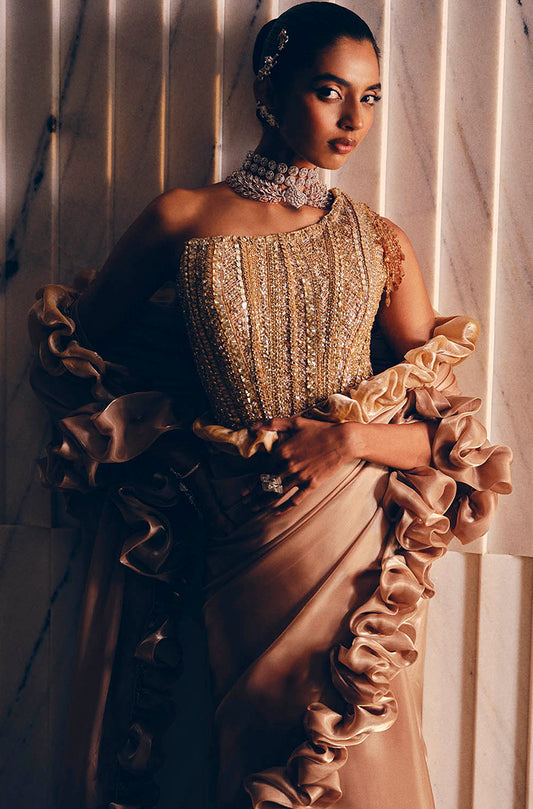 Oyster Organza Ruffles Saree Set