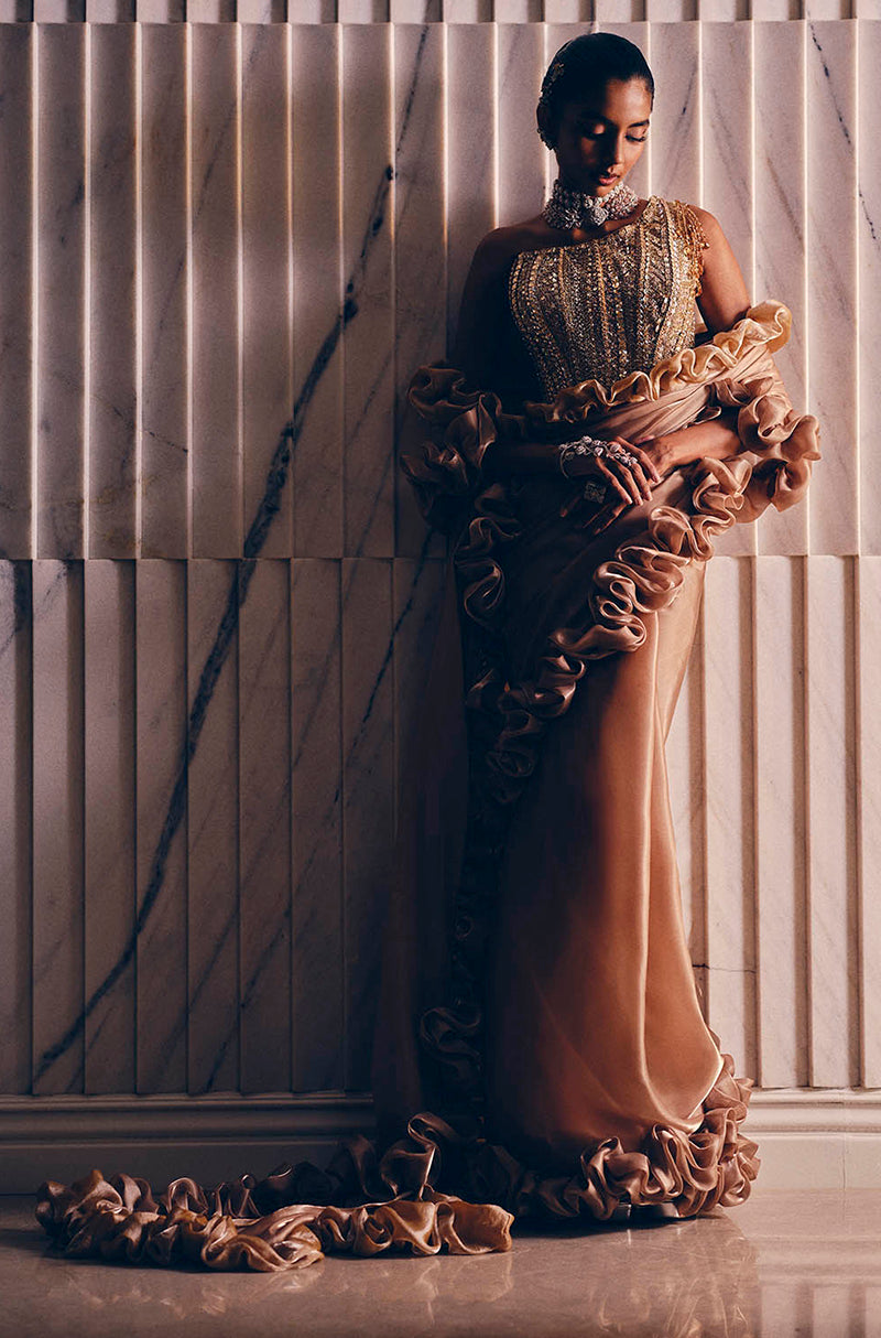 Oyster Organza Ruffles Saree Set