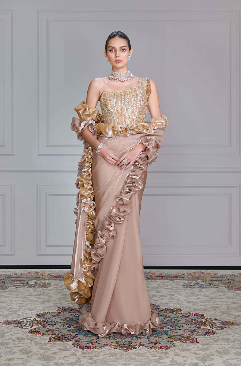 Oyster Organza Ruffles Saree Set