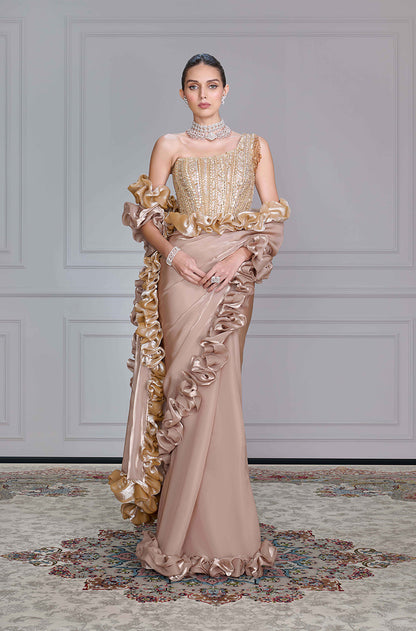 Oyster Organza Ruffles Saree Set