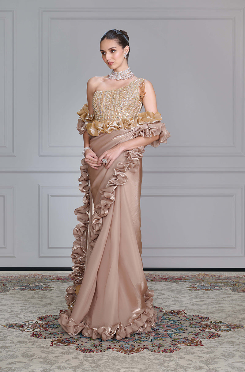 Oyster Organza Ruffles Saree Set