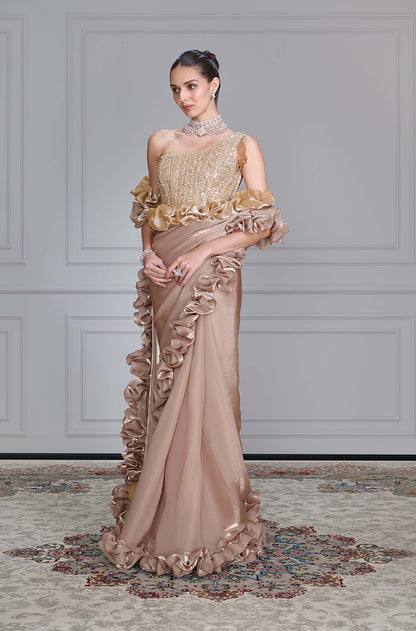 Oyster Organza Ruffles Saree Set