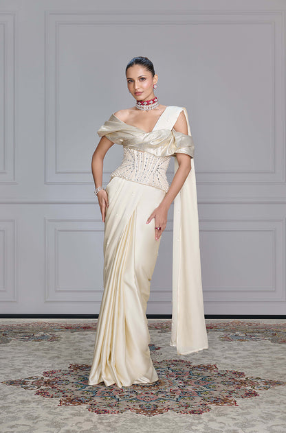 Cream Satin Crystal Drops Saree Set
