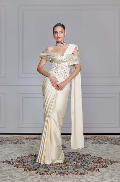 Cream Satin Crystal Drops Saree Set